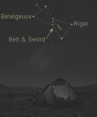 Figure showing location in the photograph of Orion, Rigel, Betelgeuse, and Belt & Sword.